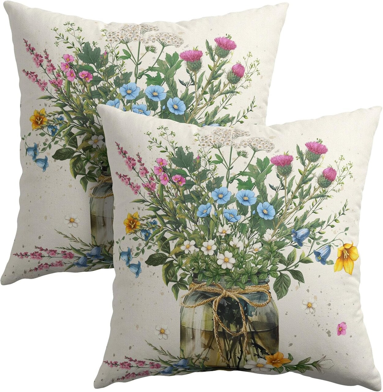 Spring Wildflower Throw Pillow Covers 18X18 Inches Set of 2 Multi Colored Daisy Flowers Mason Jar Pillowcase Soft Cotton Linen Square Spring Cushion Covers for Home Sofa Patio Bedroom